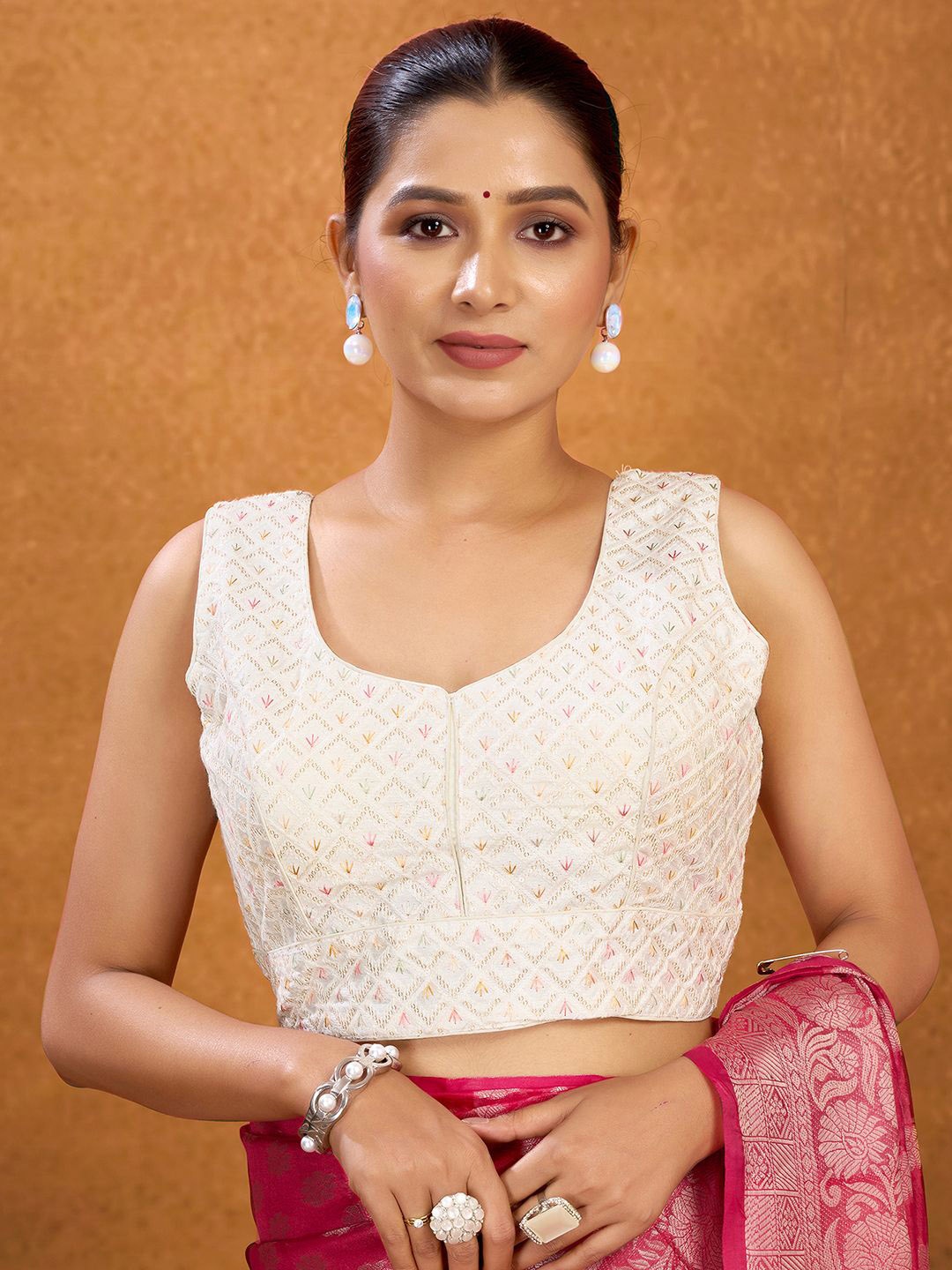

KALINI Embroidered Padded Saree Blouse, White