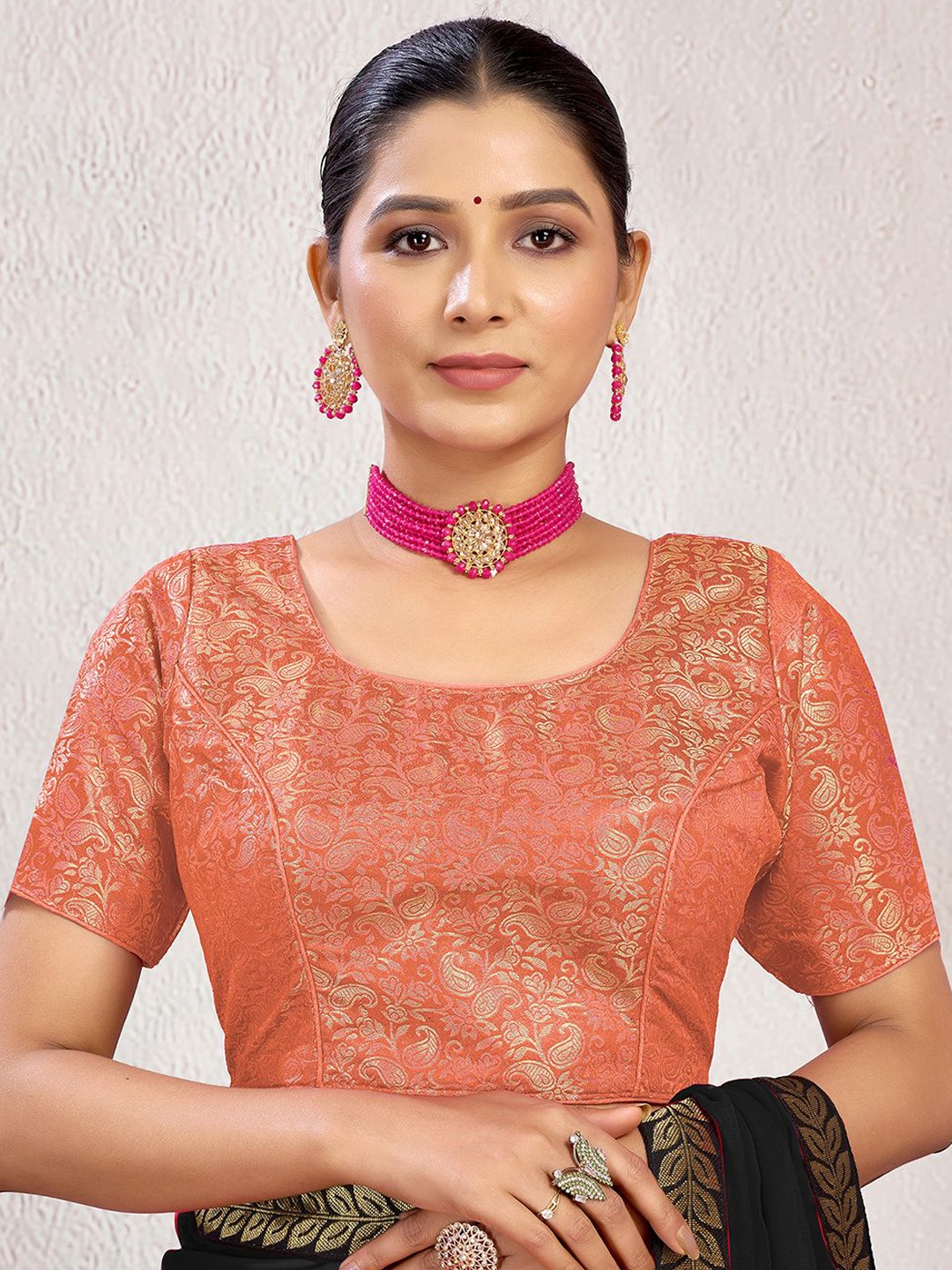 

KALINI Woven Design Padded Saree Blouse, Peach