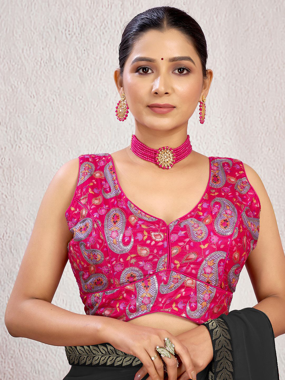 

KALINI Sequinned Printed Saree Blouse, Pink