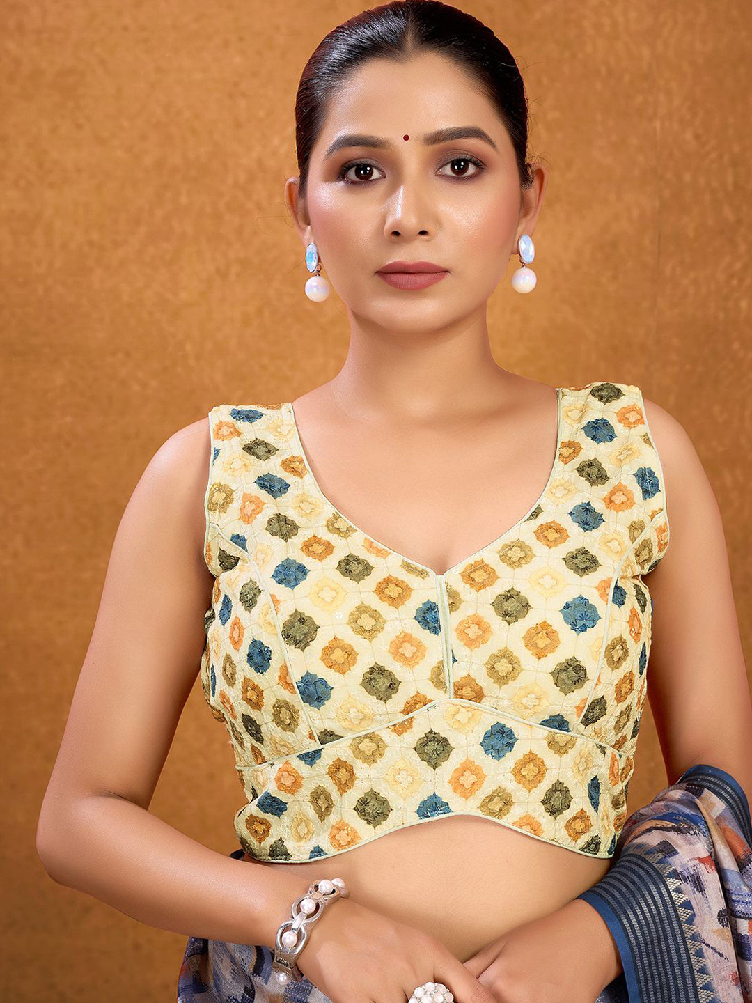 

KALINI Printed Cotton Saree Blouse, Beige