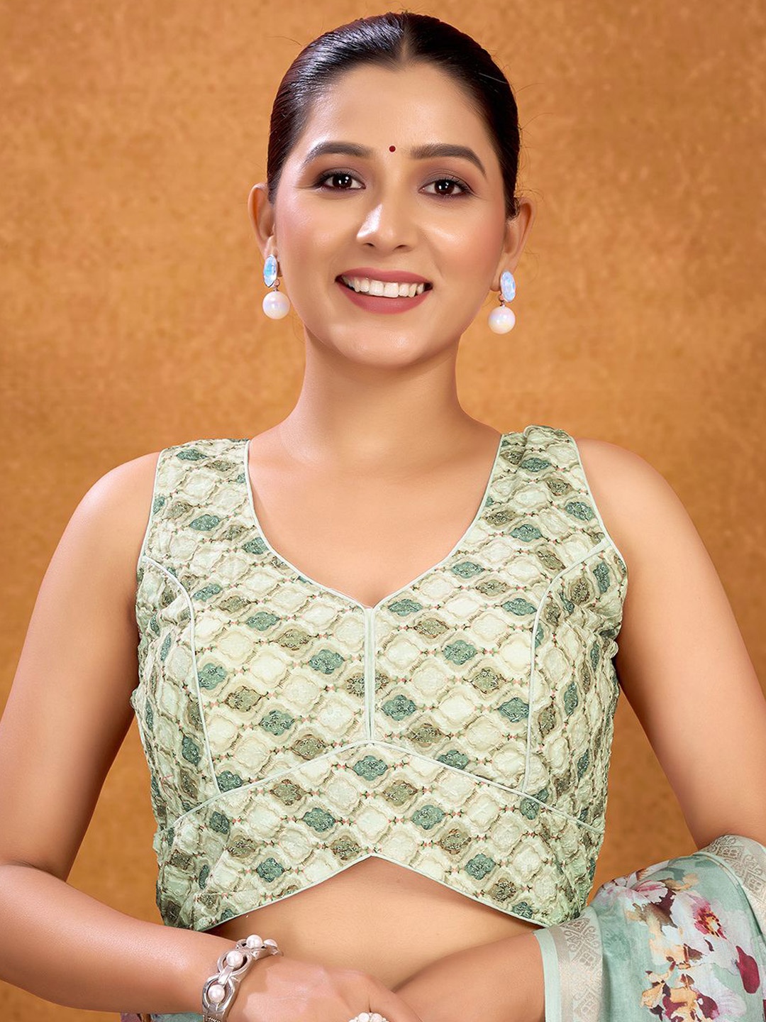 

KALINI Women Printed Saree Blouse, Green