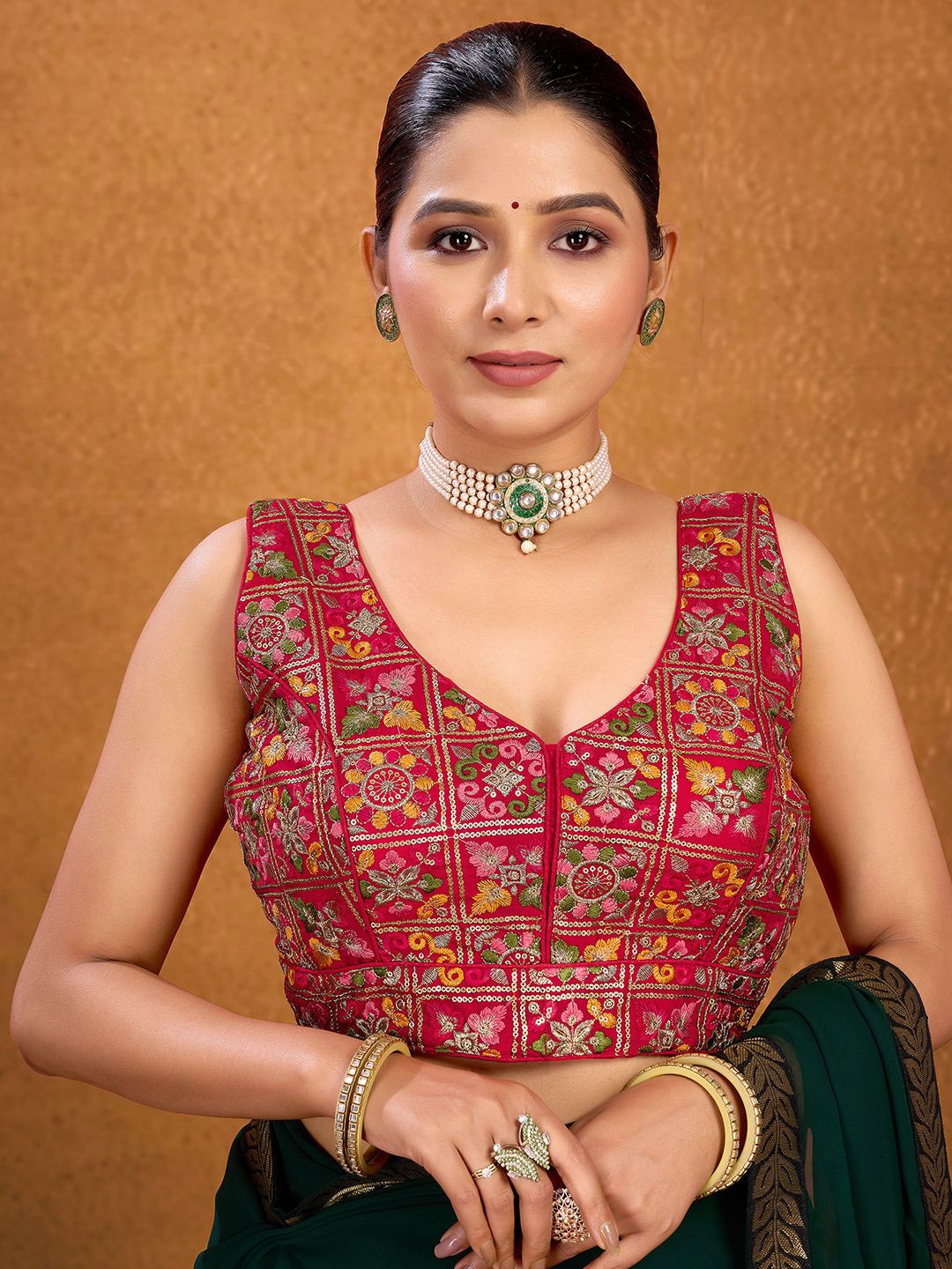 

KALINI Sequinned Embroidered V Neck Saree Blouse, Red