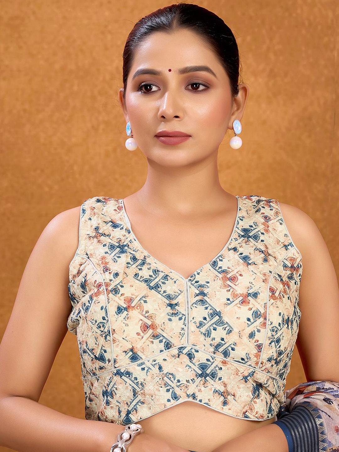 

KALINI Printed Cotton Saree Blouse, Cream