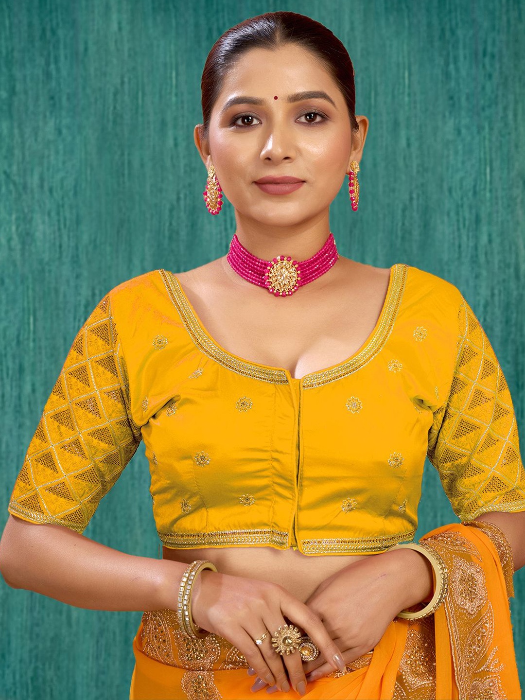 

KALINI Women Embroidered Padded Saree Blouse, Mustard