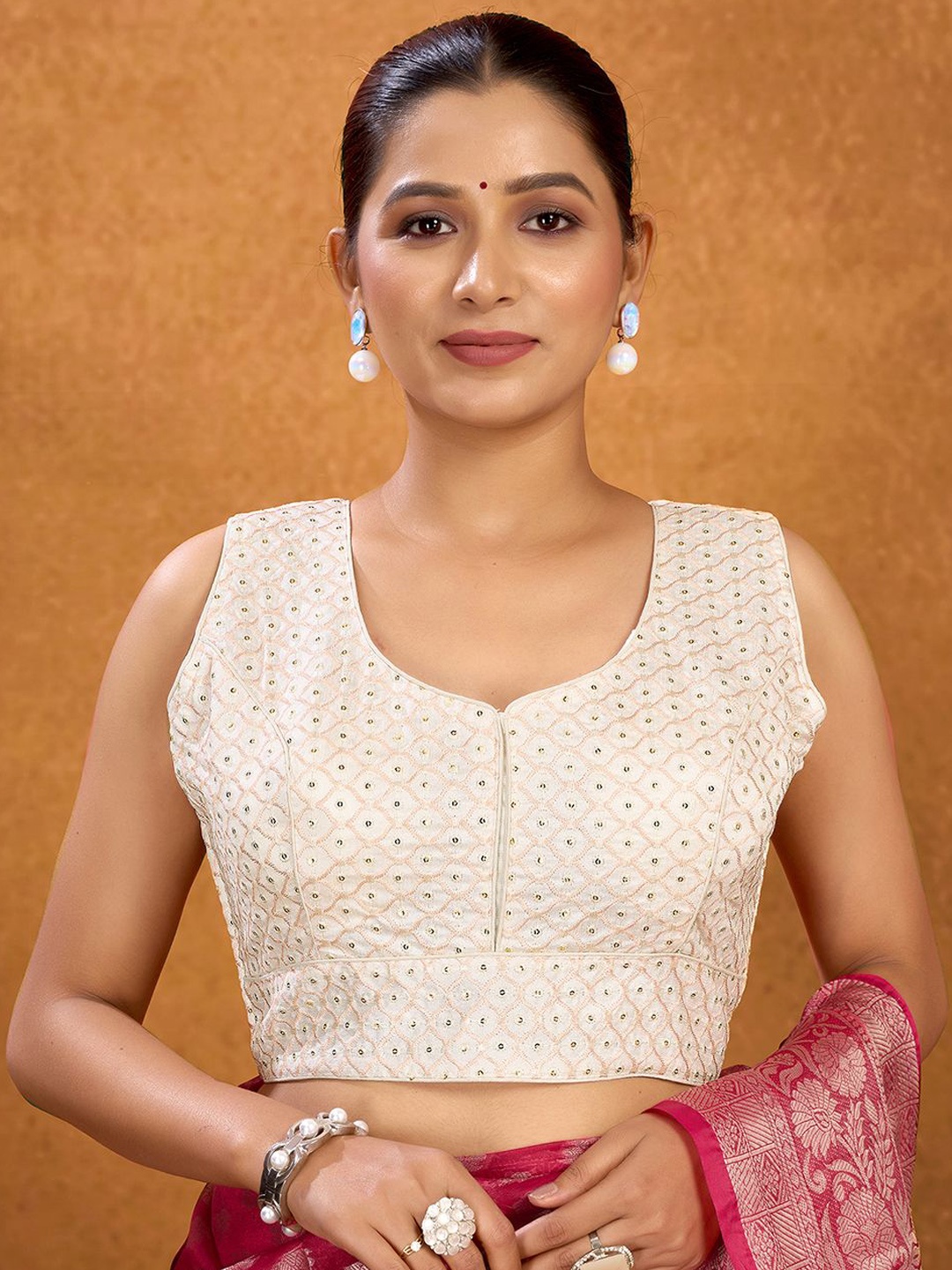 

KALINI Embroidered Padded Saree Blouse, White