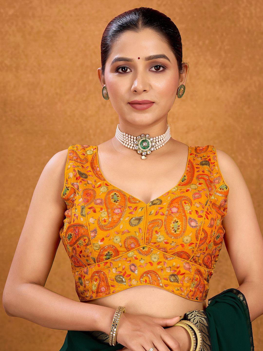 

KALINI Paisley Printed Sequinned Saree Blouse, Yellow