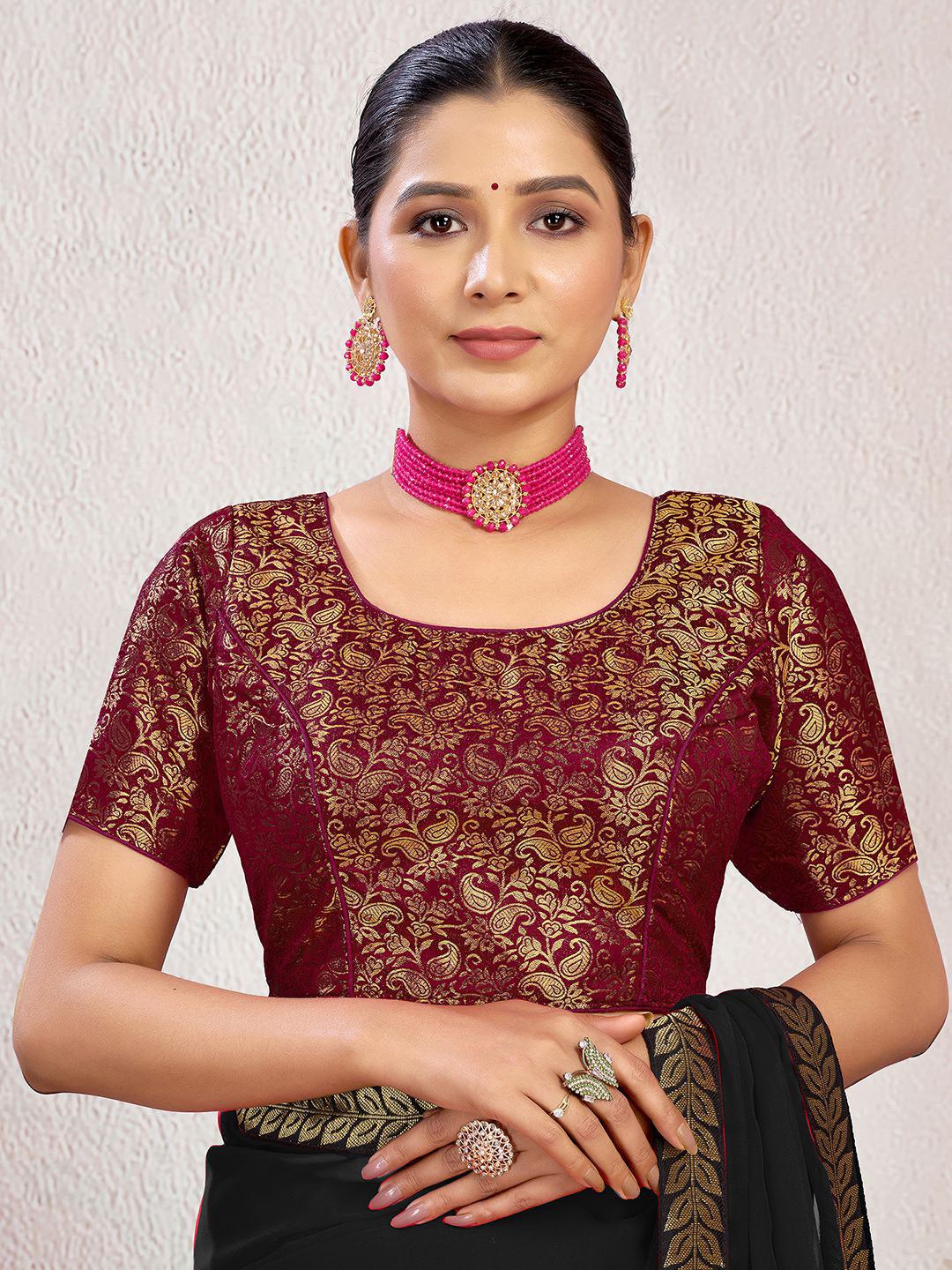 

KALINI Woven Design Padded Saree Blouse, Maroon