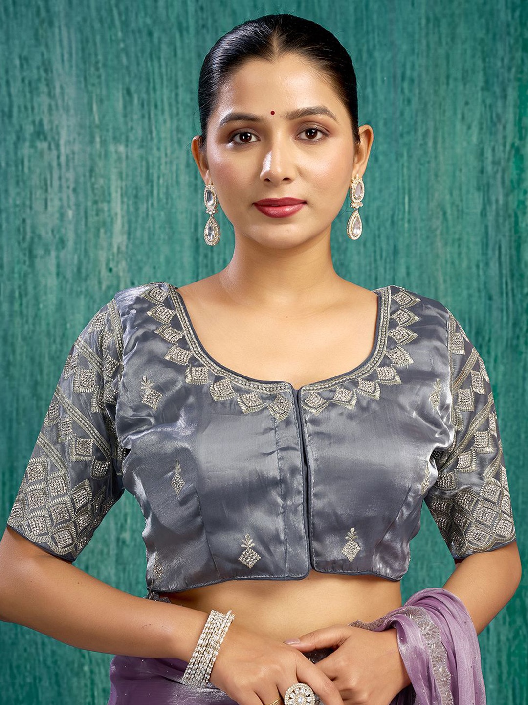 

KALINI Embroidered Padded Saree Blouse, Grey