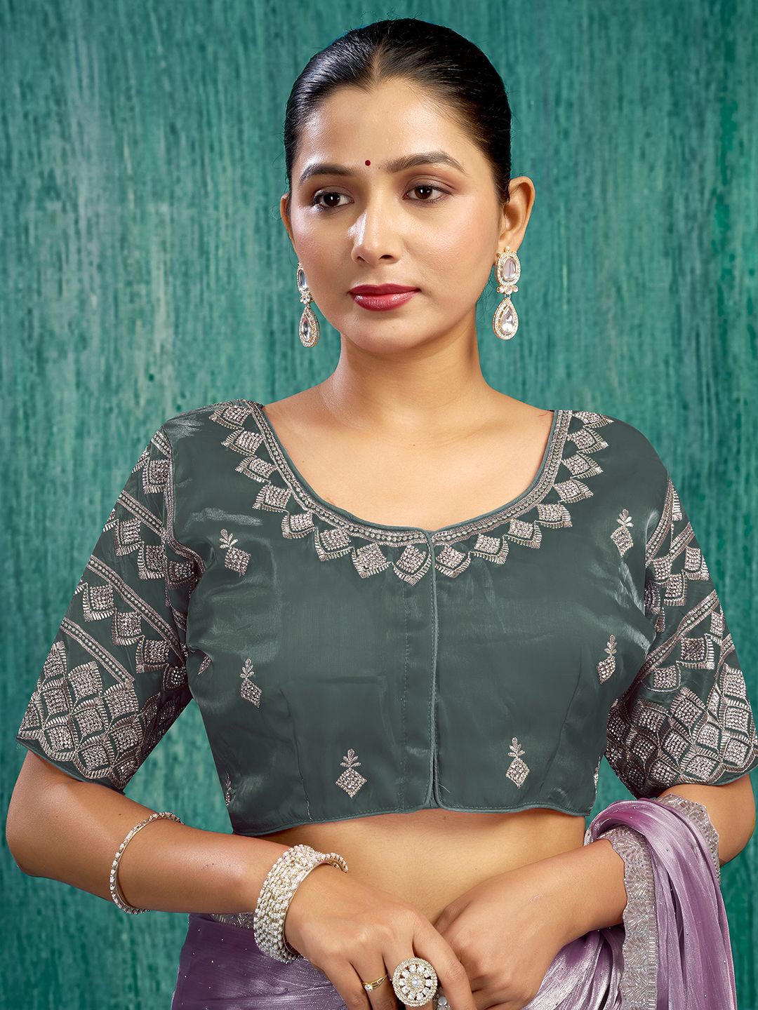 

KALINI Women Embroidered Padded Saree Blouse, Green