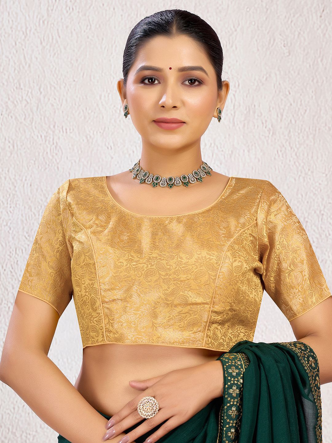 

KALINI Woven Design Padded Saree Blouse, Beige
