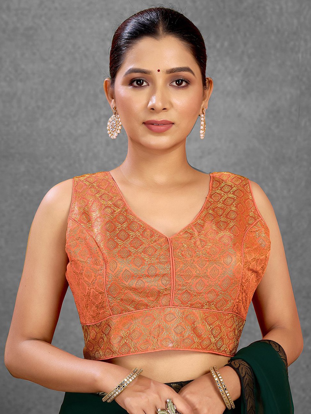 

KALINI Woven Design Padded Saree Blouse, Peach