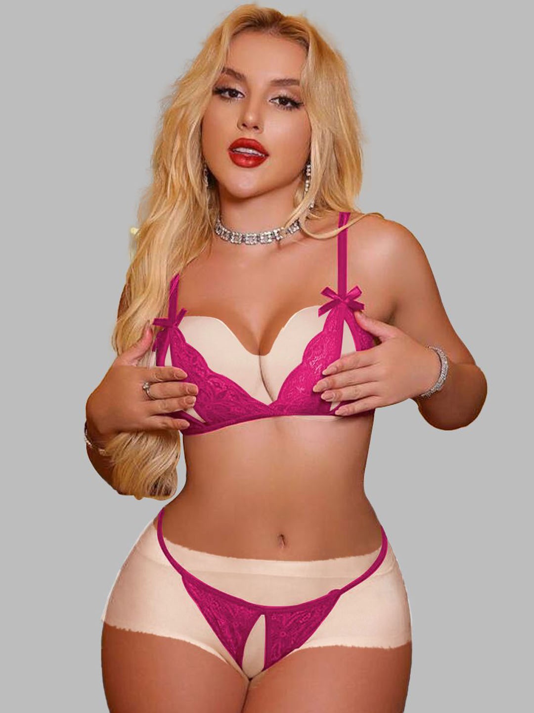

Krelin Self Design Lace V Neck Lingerie Set DES-11-H-PNK-N4, Pink