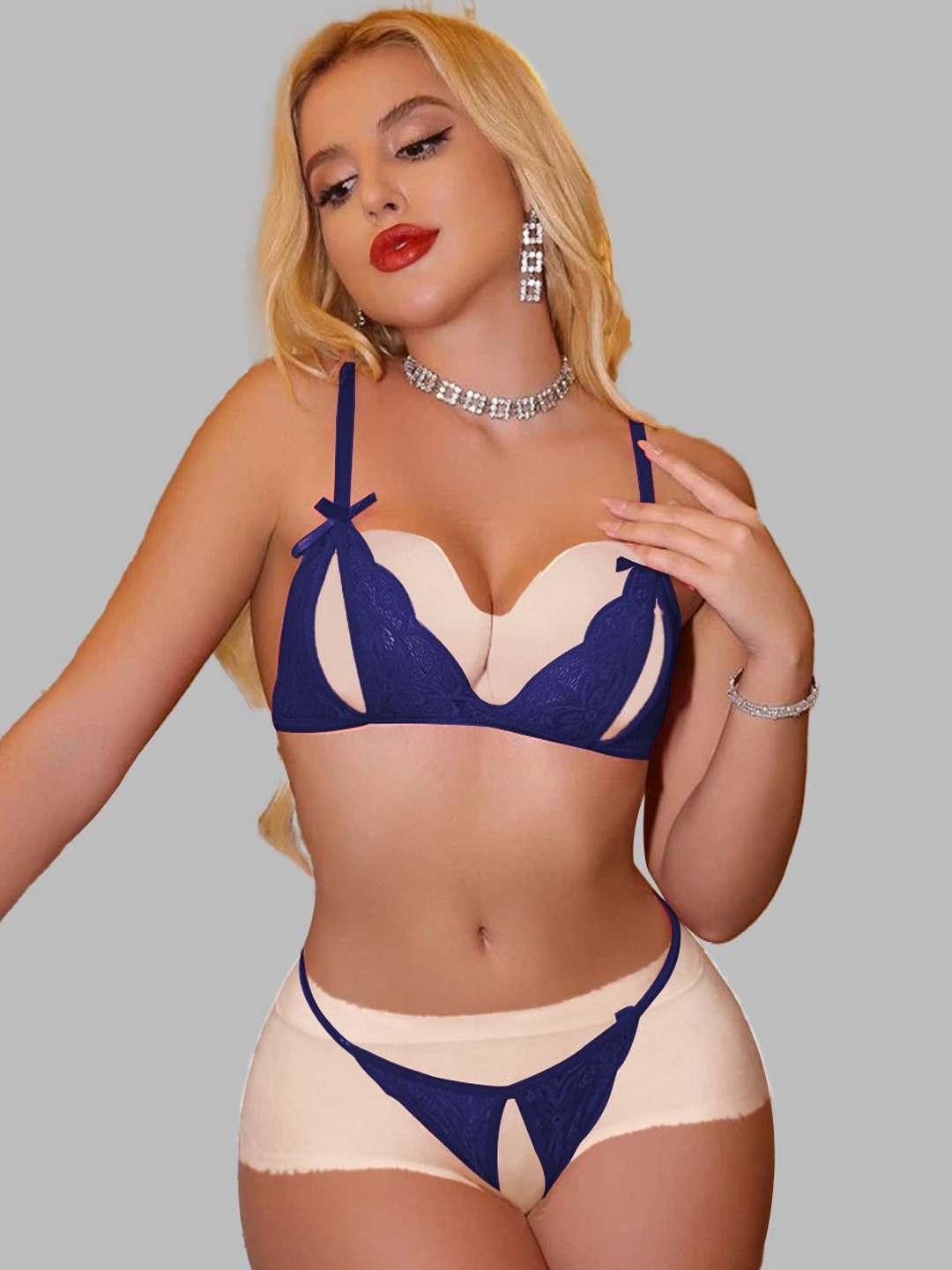 

Krelin Women Self Design Lace Lingerie Set, Navy blue