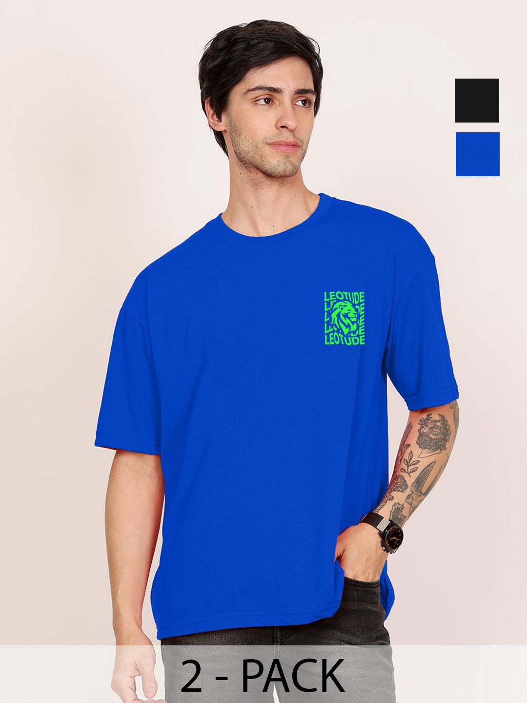 

Leotude Men Pack Of 2 Graphic Printed Round Neck Cotton Oversized T-shirts, Blue