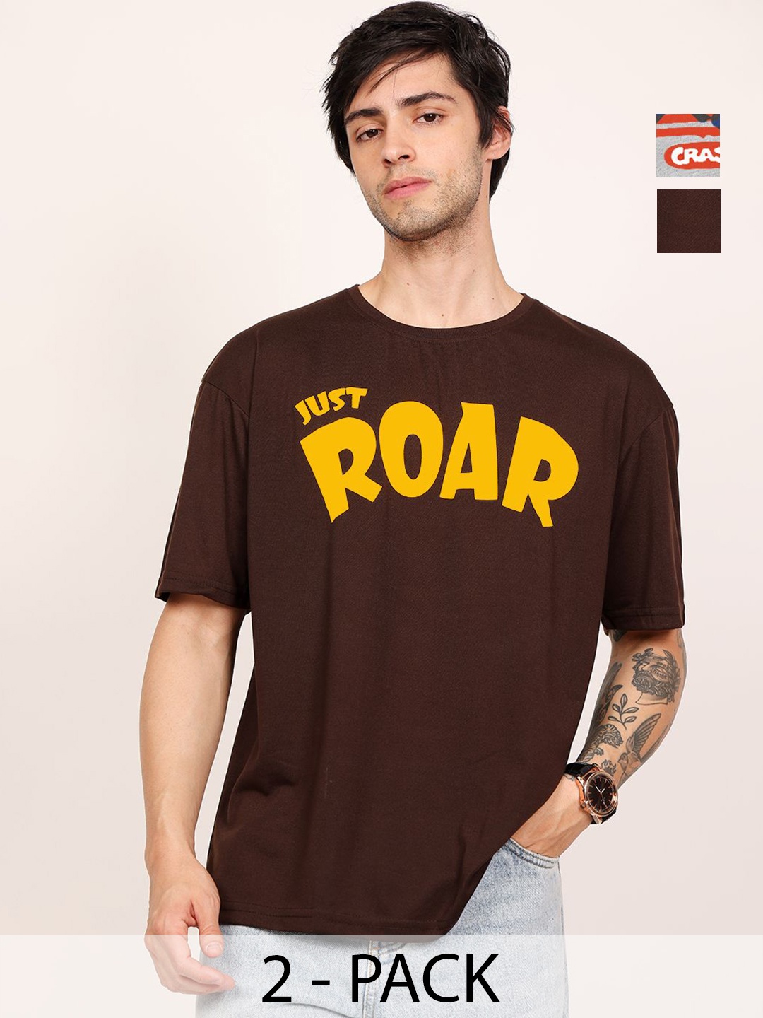 

Leotude Men Pack Of 2 Typography Printed Round Neck Cotton Oversized T-shirts, Brown