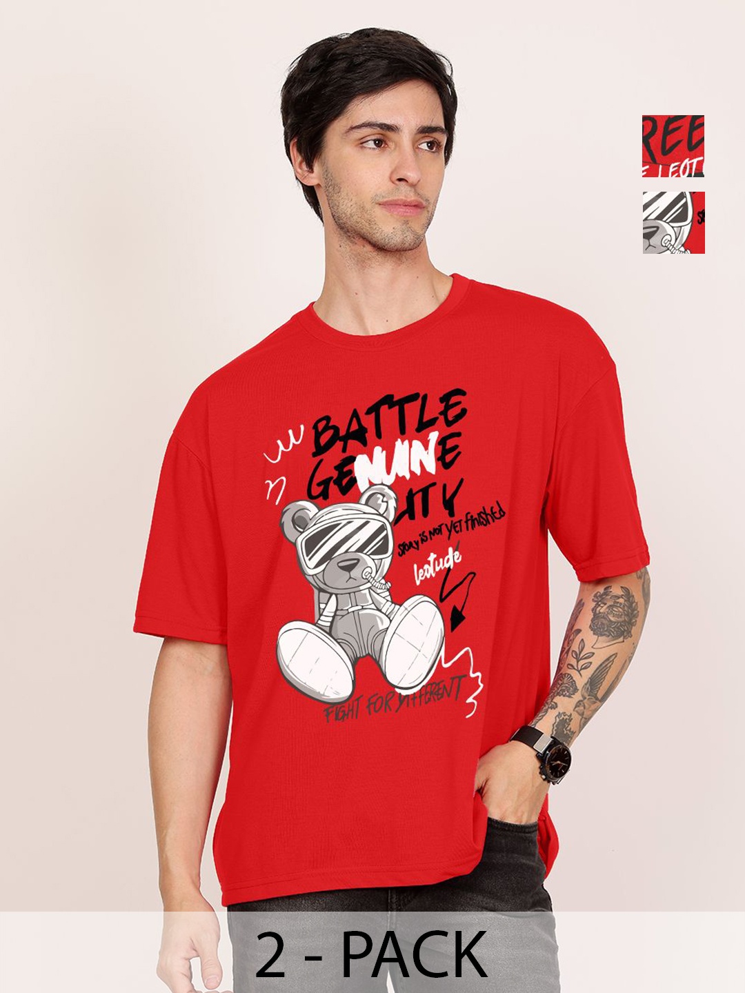 

Leotude Men Pack Of 2 Graphic Printed Round Neck Cotton Oversized T-shirts, Red