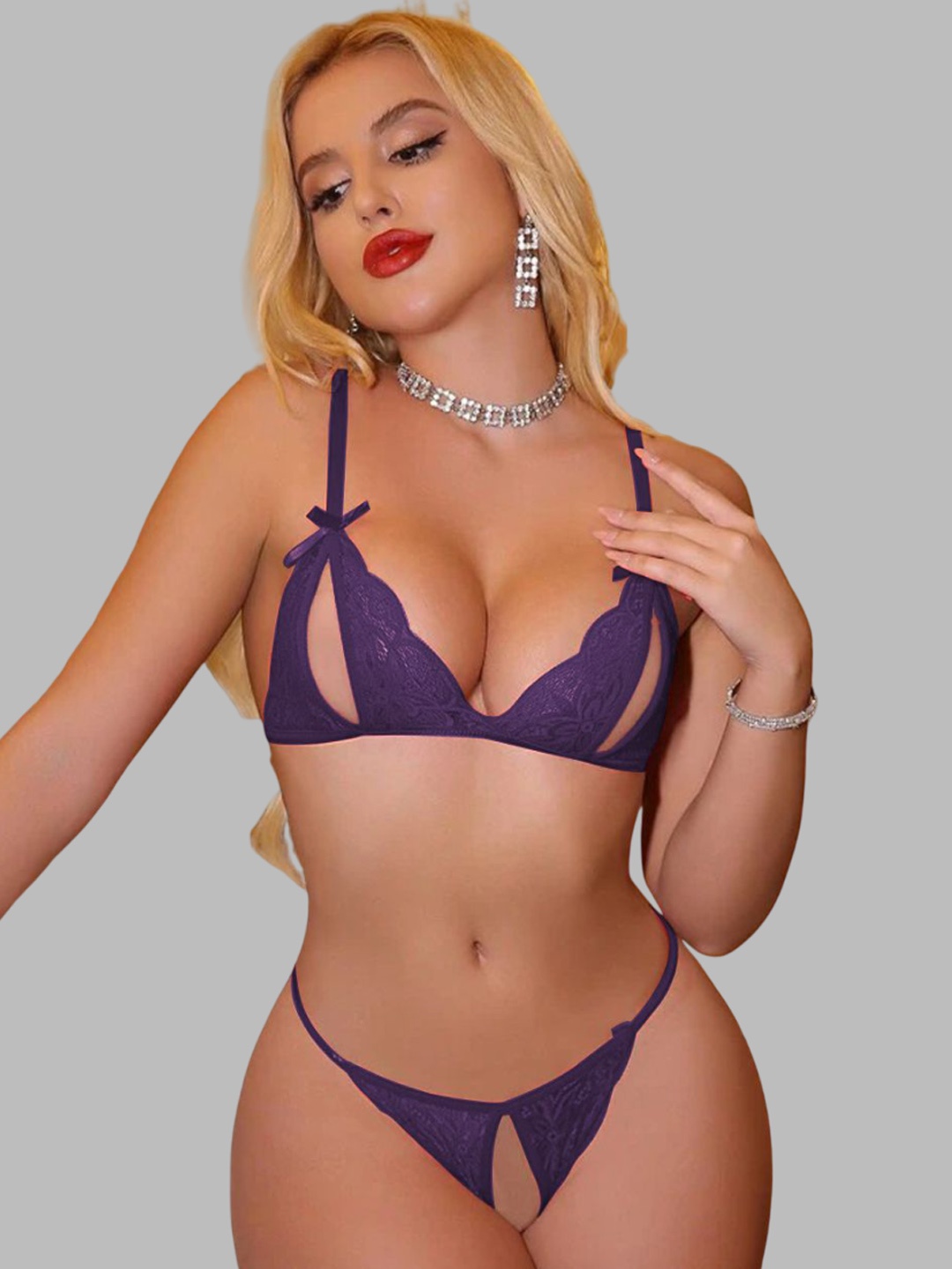 

KRENOZ Women Lingerie 2 Piece Lace V Neck Bra and Panty Lingerie Set, Purple