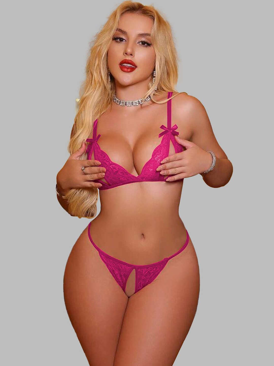 

KRENOZ Women Self Design V Neck and Non Padded Lingerie Set DES-11-H-PNK-N3, Pink