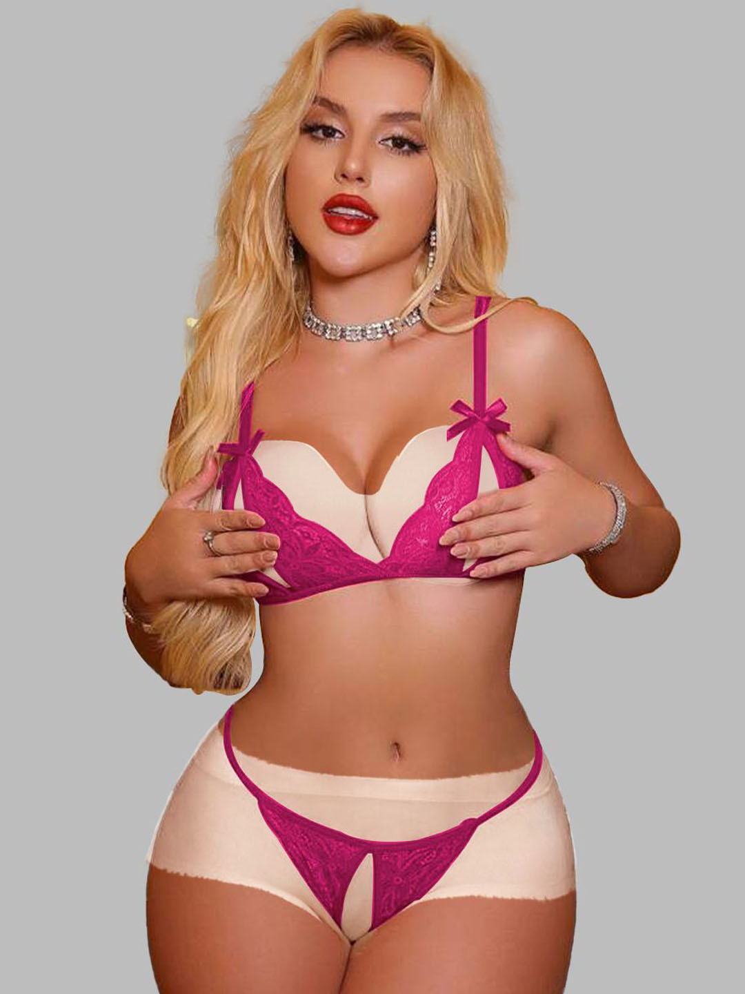 

KRENOZ Self Design Lace V Neck Lingerie Set, Pink