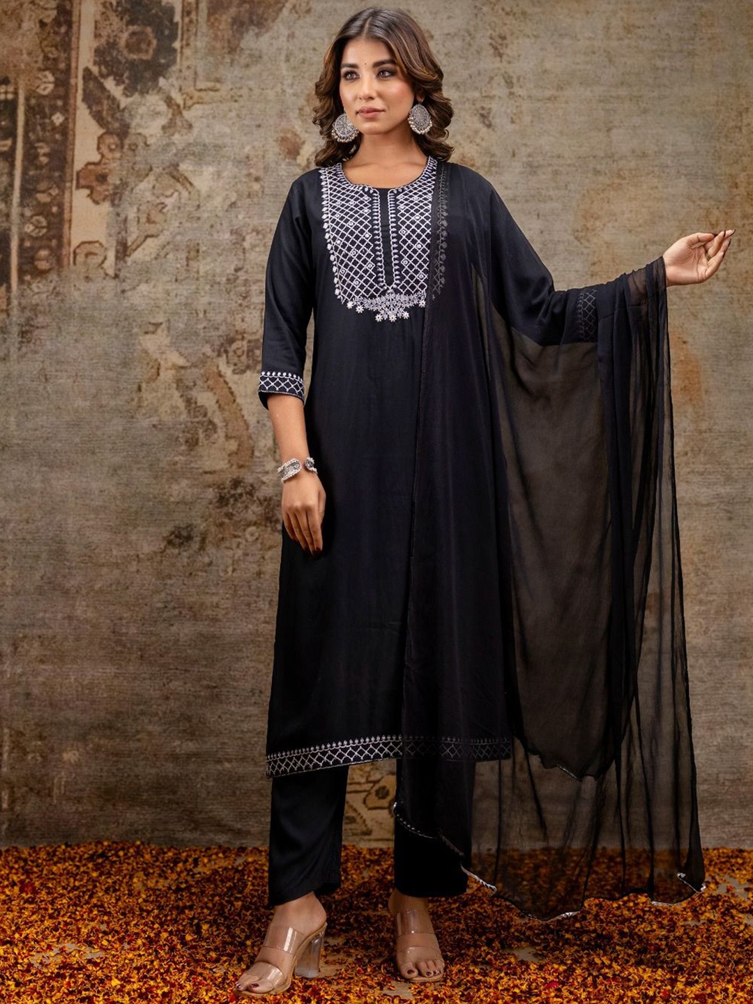 

Anouk Black Ethnic Motifs Embroidered Pure Cotton Straight Kurta With Trousers And Dupatta