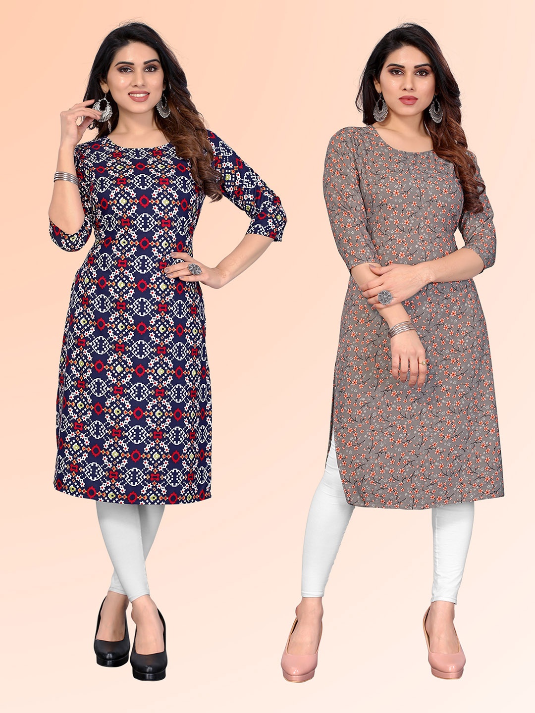 

KETAKI FASHION Selection Of 2 Floral Printed Round Neck Kurtas, Navy blue