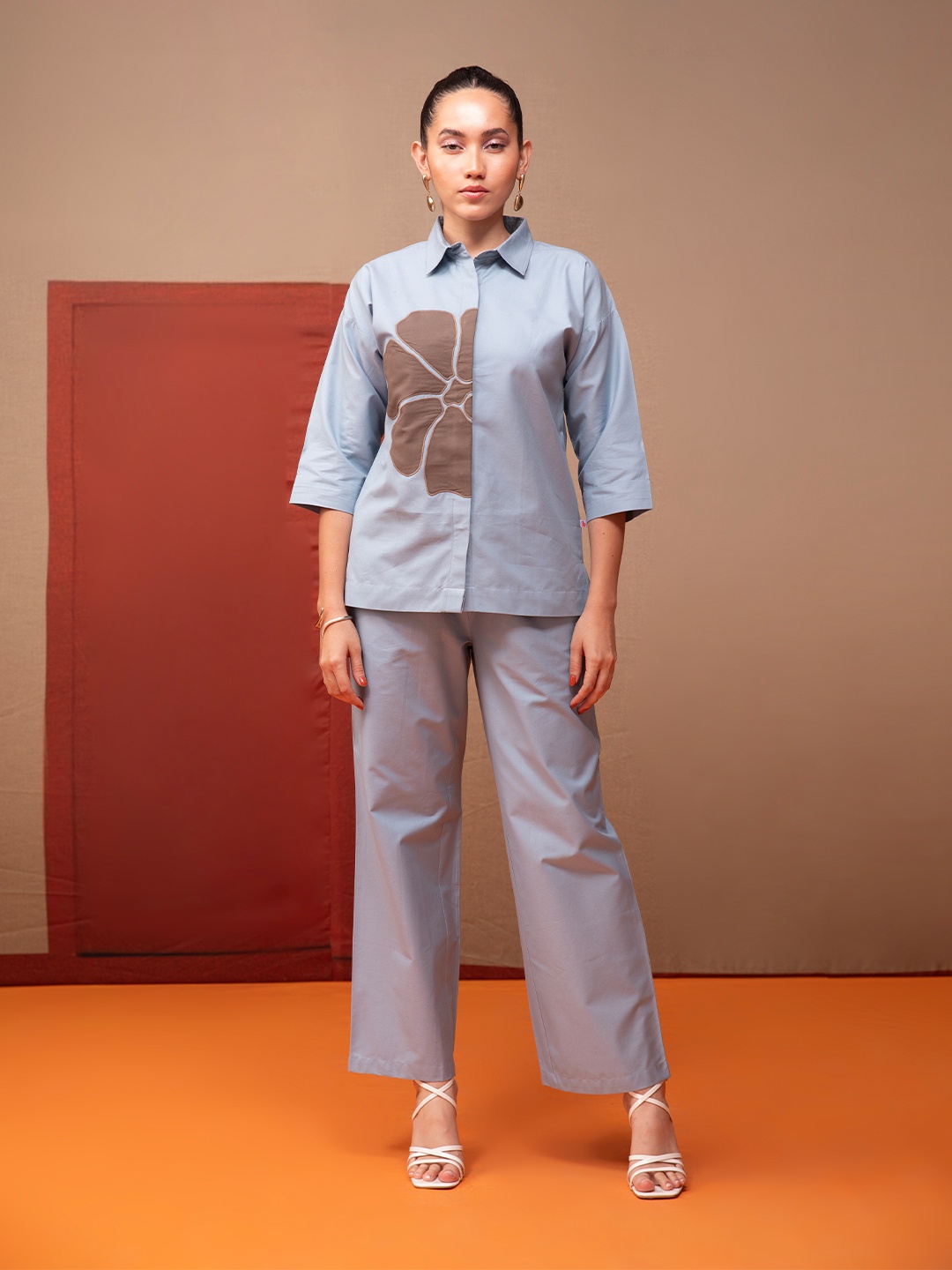 

Bannos Swagger Women Blue Printed Shirt & Trousers Co-Ords