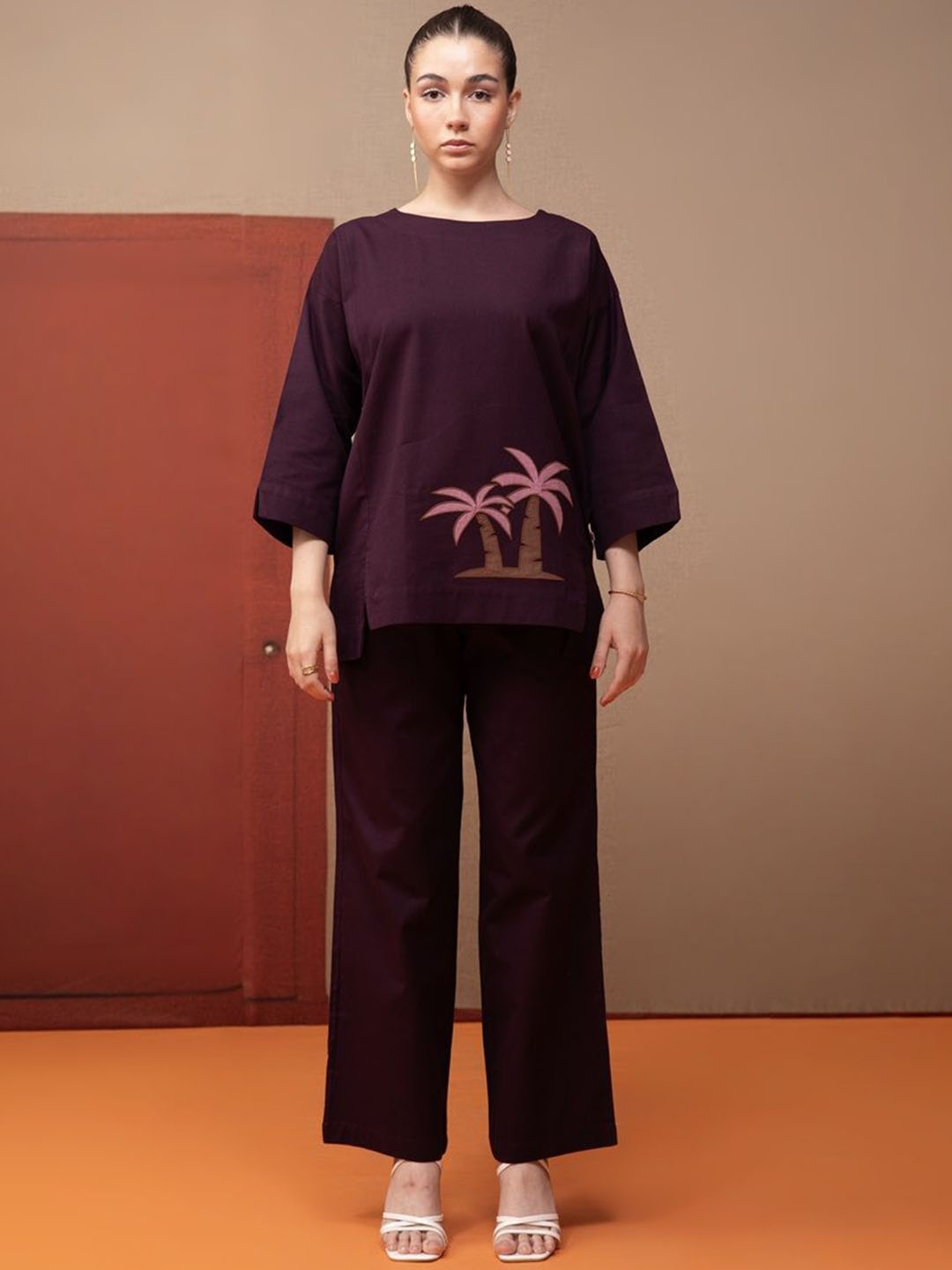 

Bannos Swagger Purple Aplic Detailling Cotton Top & Trouser Co-OrdsSet