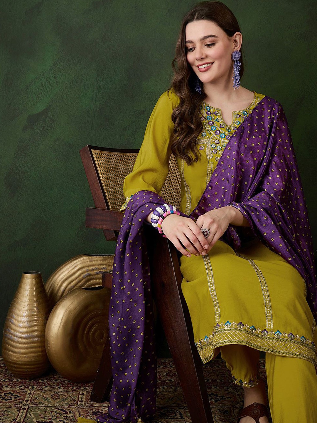 

Sangria Mustard Floral Embroidered Sequinned A-Line Kurta With Trouser And Dupatta