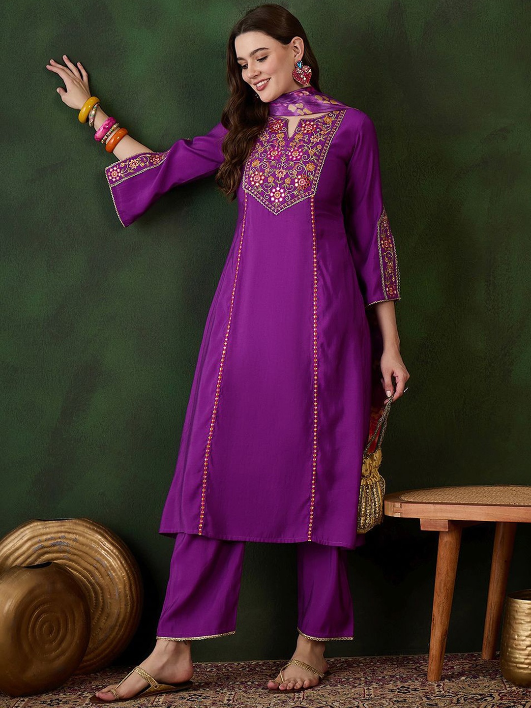 

Sangria Purple Floral Embroidered Mirror Work A-Line Kurta With Trouser And Dupatta