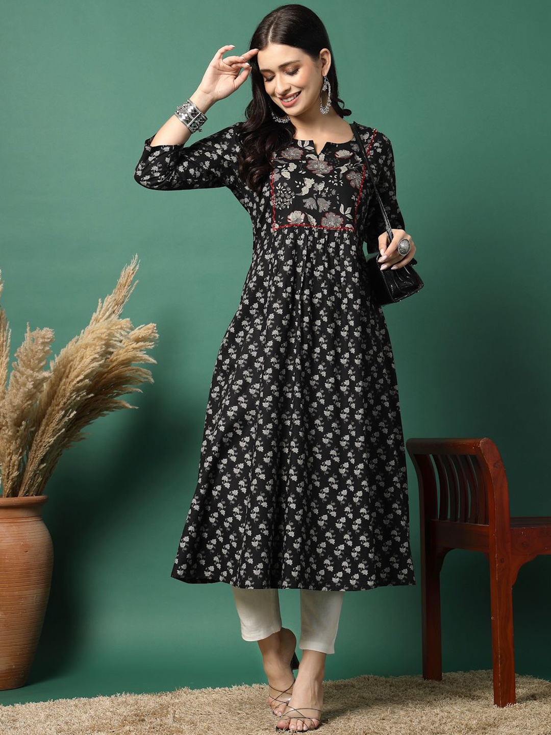 

Sangria Black Floral Embroidered Sequins Notch Neck Anarkali Kurta