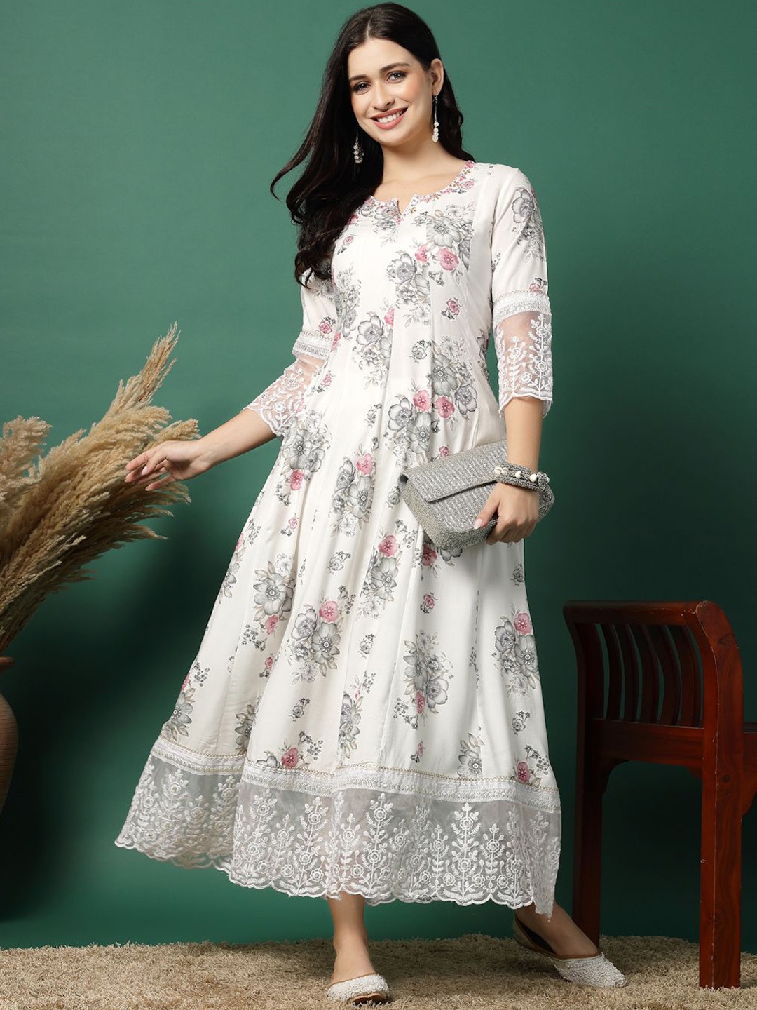 

Sangria White Floral Printed With Embroidered Sequins Notch Neck Anarkali Kurta