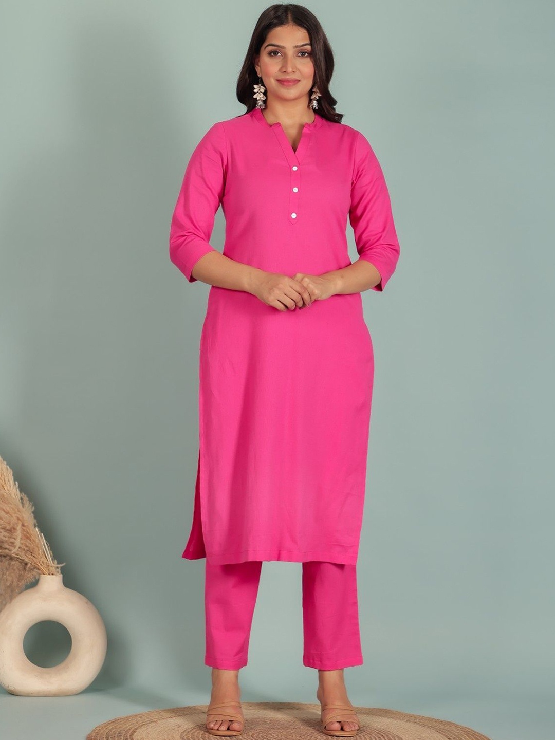 

Aramya Mandarin Collar Linen Cotton Straight Kurta With Trouser, Pink