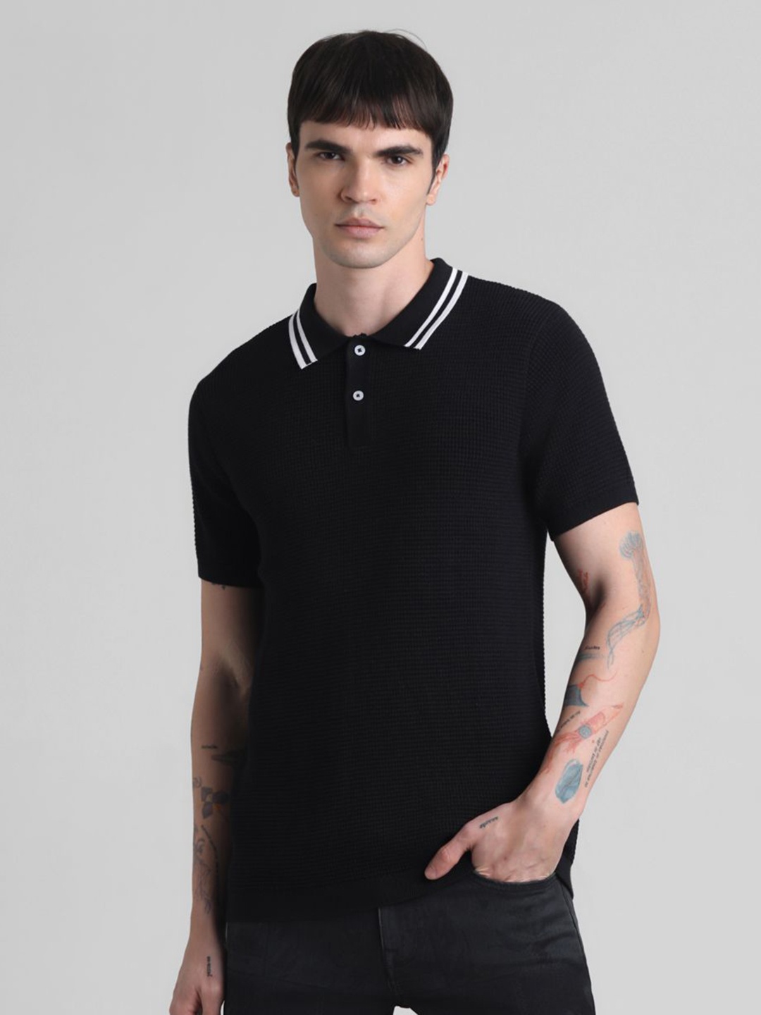 

Jack & Jones Men Solid Polo Collar Cotton T-shirt, Black