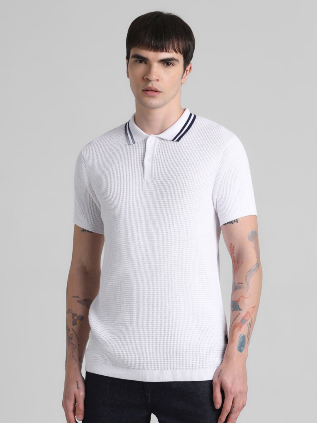 

Jack & Jones Men Self Design Polo Collar Cotton T-shirt, White