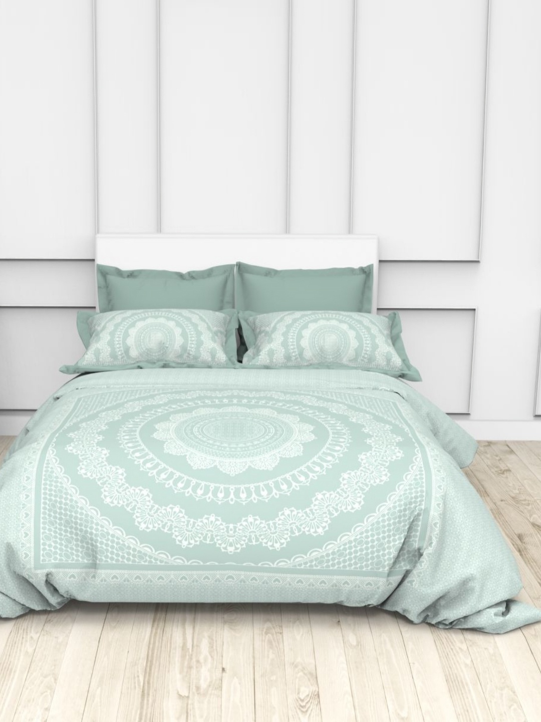 

THE WHITE MOSS Green & White Floral 250 TC King Bedsheet with 2 Pillow Covers