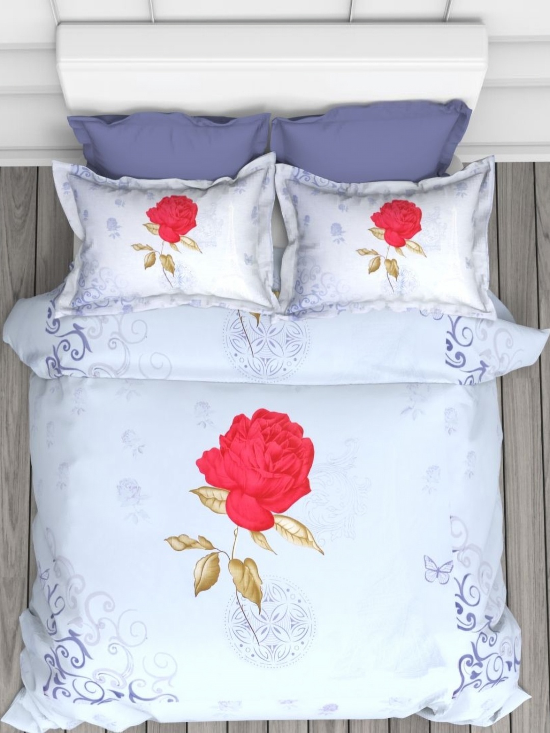 

THE WHITE MOSS Blue & Red Floral 250 TC King Bedsheet with 2 Pillow Covers