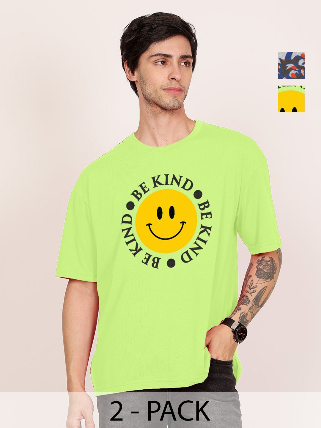 

Leotude Men Pack Of 2 Graphic Printed Round Neck Cotton Oversized T-shirts, Green