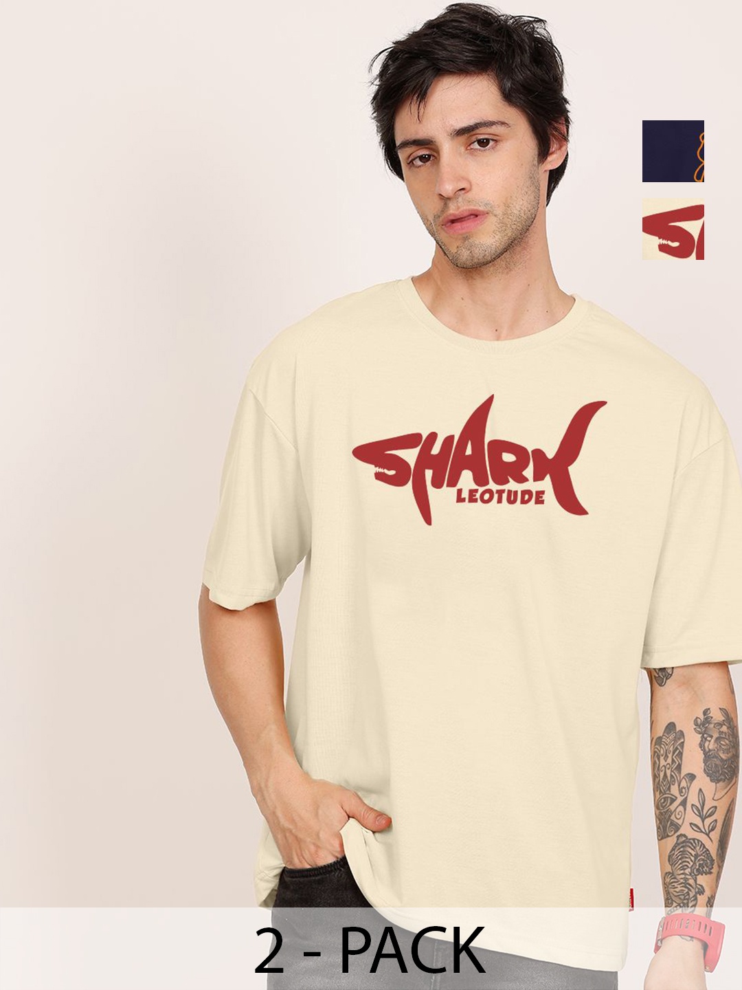 

Leotude Men Pack Of 2 Graphic Printed Round Neck Cotton Oversized T-shirts, Beige