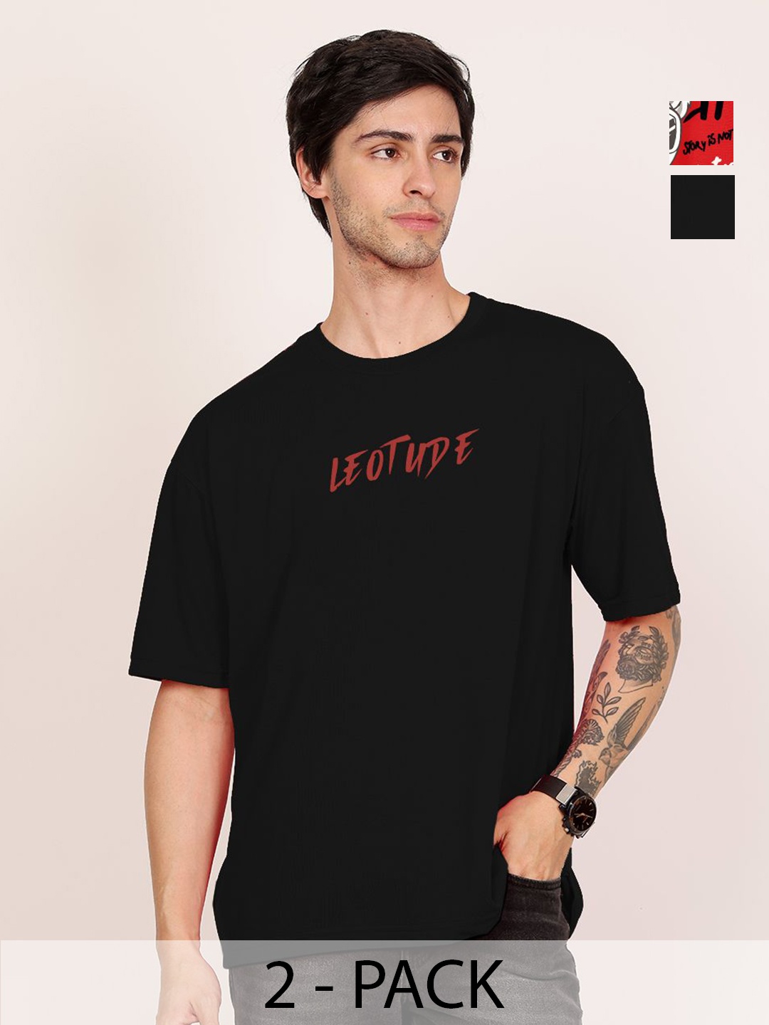 

Leotude Men Pack Of 2 Graphic Printed Round Neck Cotton Oversized T-shirts, Black