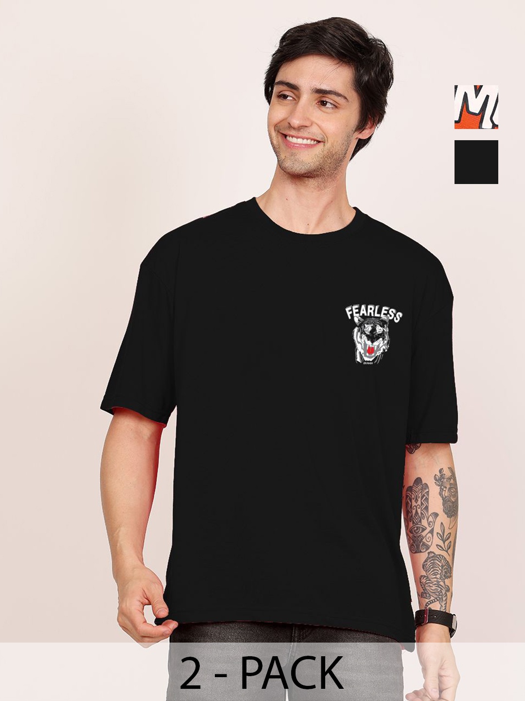 

Leotude Men Pack Of 2 Graphic Printed Round Neck Cotton Oversized T-shirts, Black