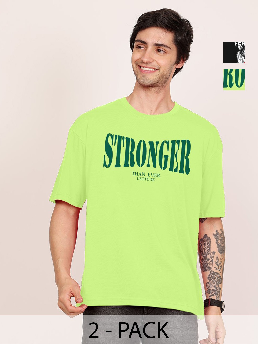 

Leotude Men Pack Of 2 Graphic Printed Round Neck Cotton Oversized T-shirts, Green