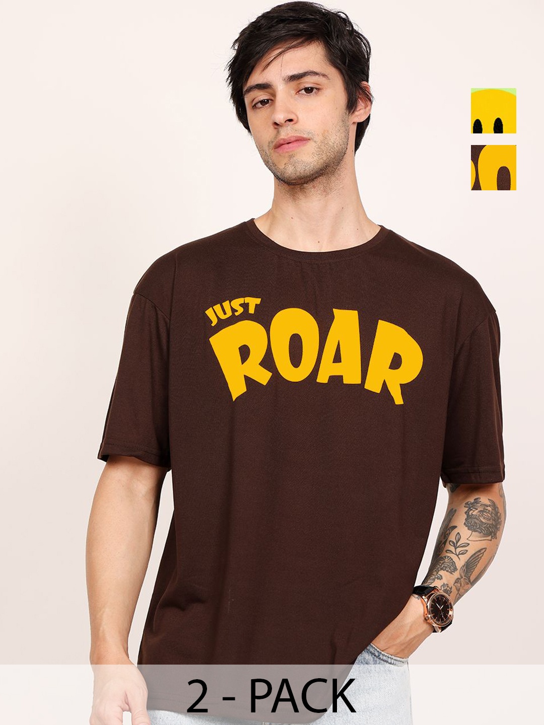 

Leotude Men Pack Of 2 Typography Printed Round Neck Cotton Oversized T-shirts, Brown