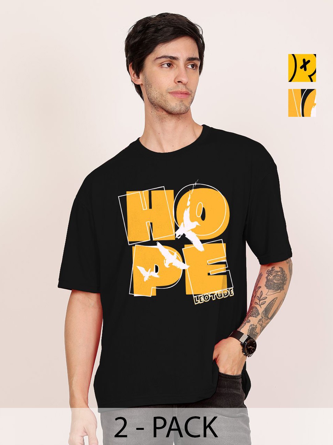

Leotude Men Pack Of 2 Graphic Printed Round Neck Cotton Oversized T-shirts, Black