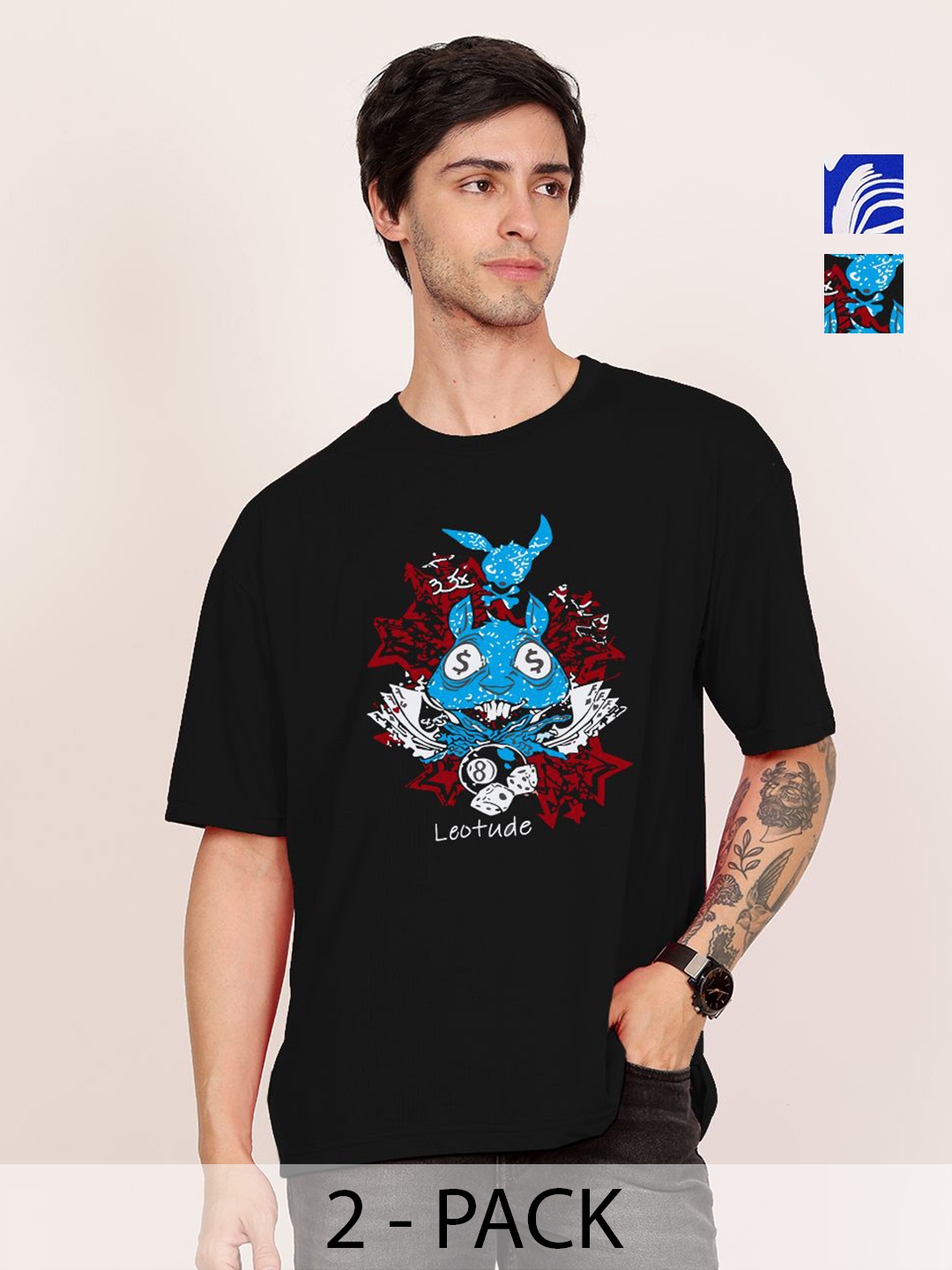 

Leotude Men Pack Of 2 Graphic Printed Round Neck Cotton Oversized T-shirts, Black