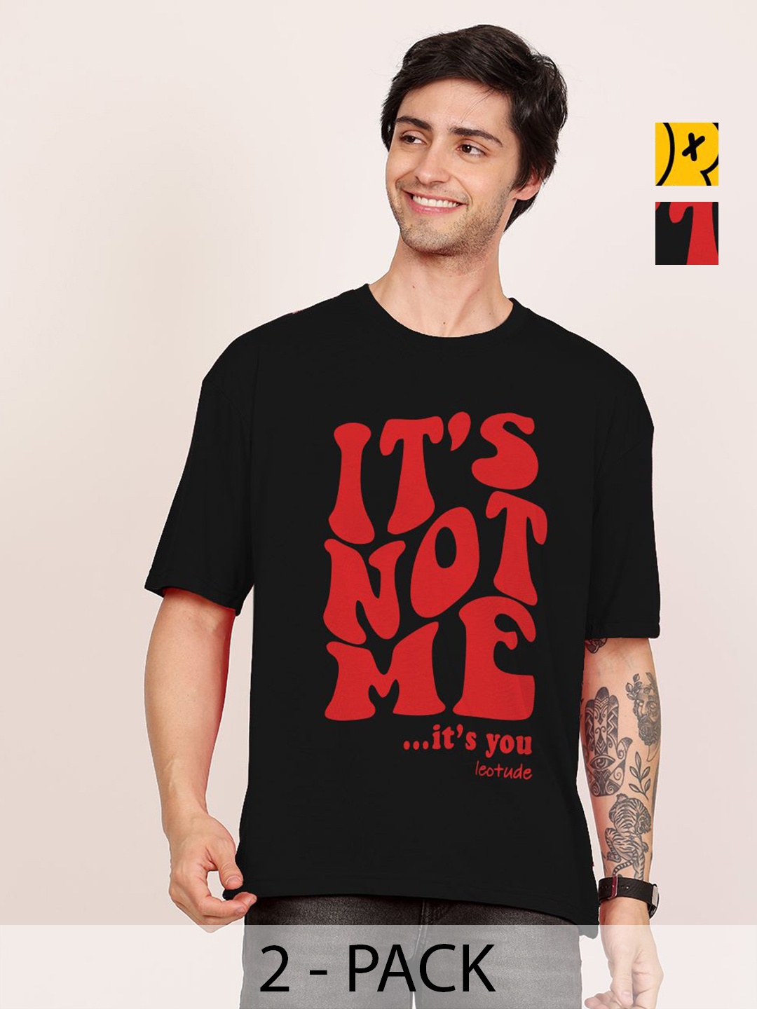 

Leotude Men Pack Of 2 Typography Printed Round Neck Cotton Oversized T-shirts, Black