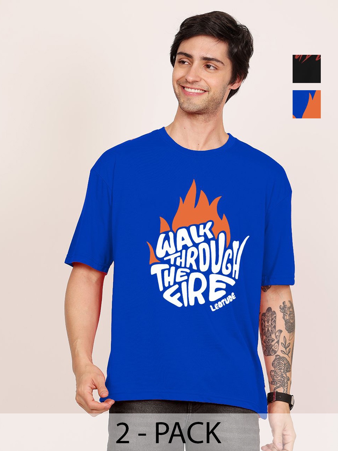 

Leotude Men Pack Of 2 Typography Printed Round Neck Cotton Oversized T-shirts, Blue