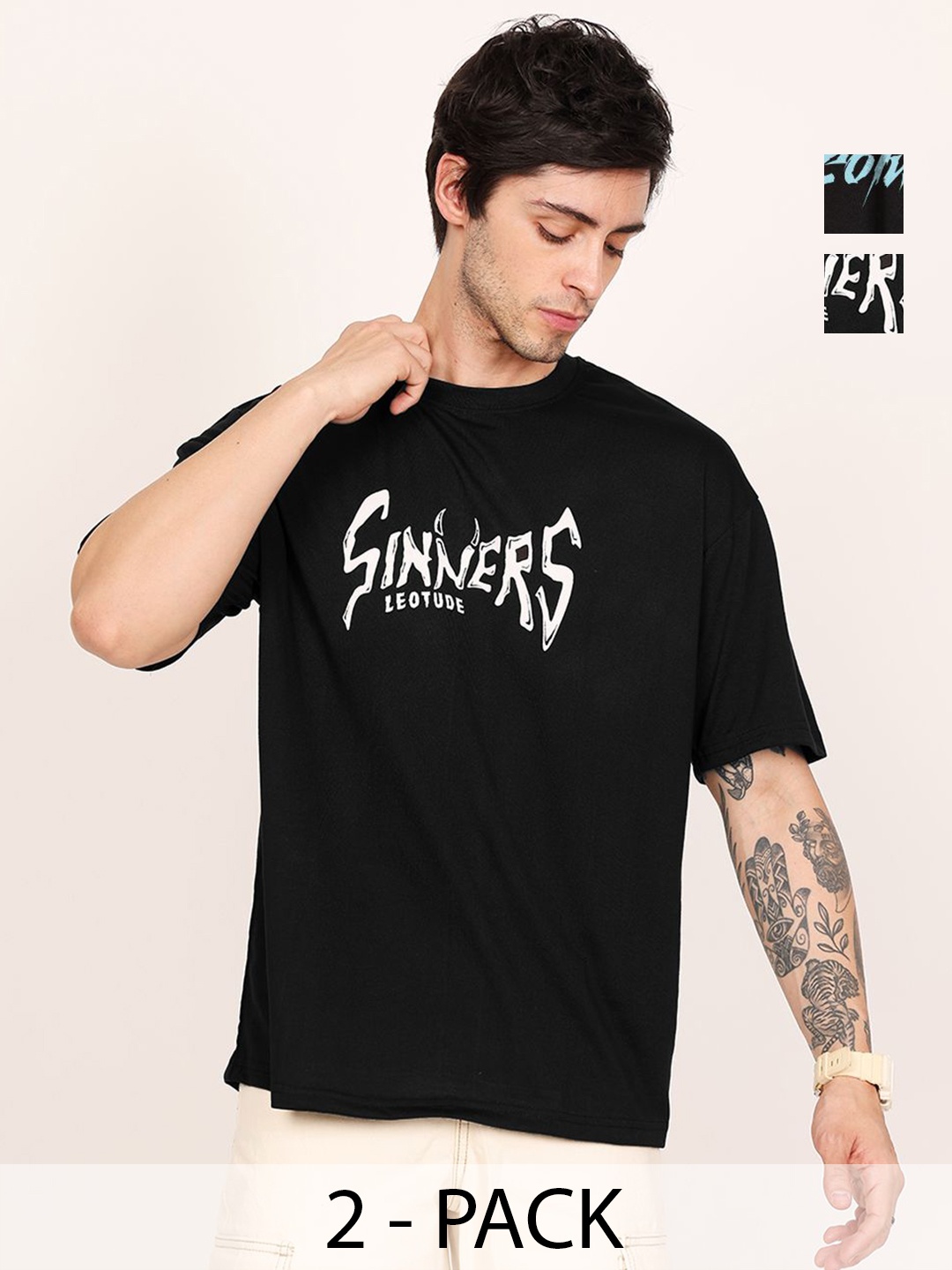 

Leotude Men Pack Of 2 Graphic Printed Round Neck Cotton Oversized T-shirts, Black