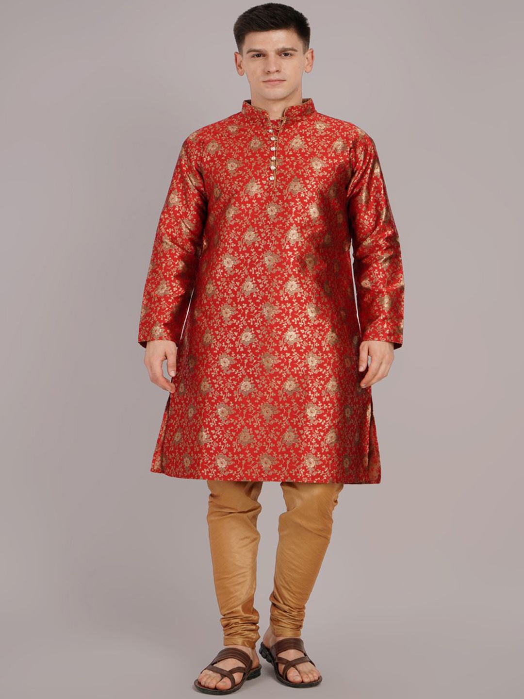 

Larwa Jacquard Woven Design Mandarin Collar Straight Kurta With Churidar, Red