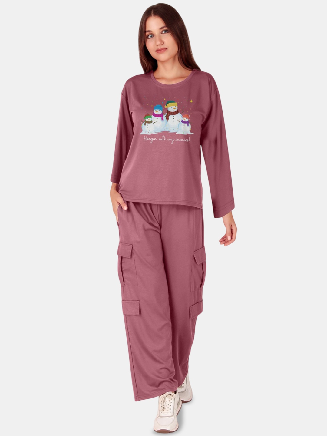 

Fasense Women Printed Full Sleeve Oversized T-Shirt With Cargo Pant Co-Ords, Pink