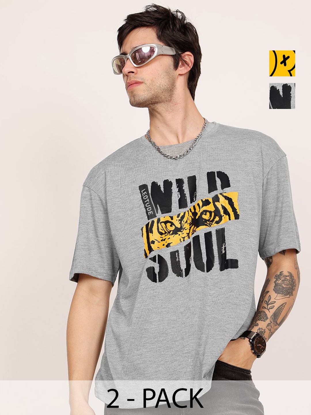 

Leotude Men Pack Of 2 Typography Printed Round Neck Cotton Oversized T-shirts, Grey